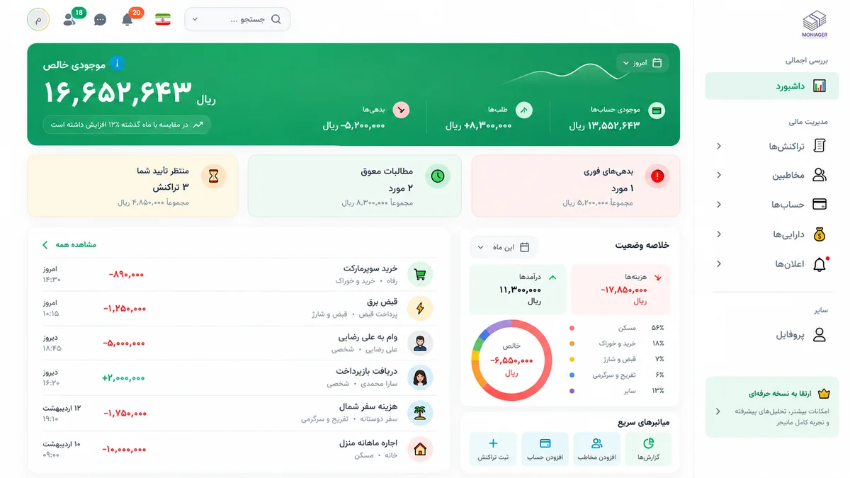 Public Moniager dashboard product image showing account overview, recent transactions, balance summaries, and finance navigation in Persian RTL layout.